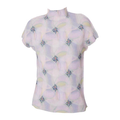 印花短袖复古薄压褶女上衣