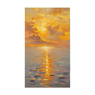 纯手绘油画旭日东升客厅装饰画大海简约轻奢莫奈抽象入户玄关挂画