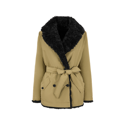 MARYLING黑色撞驼色皮毛一体外套