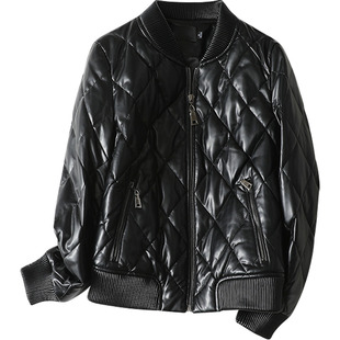 真皮羽绒服女士外套短款休闲黑色皮夹克加大码2025秋冬新款皮衣女