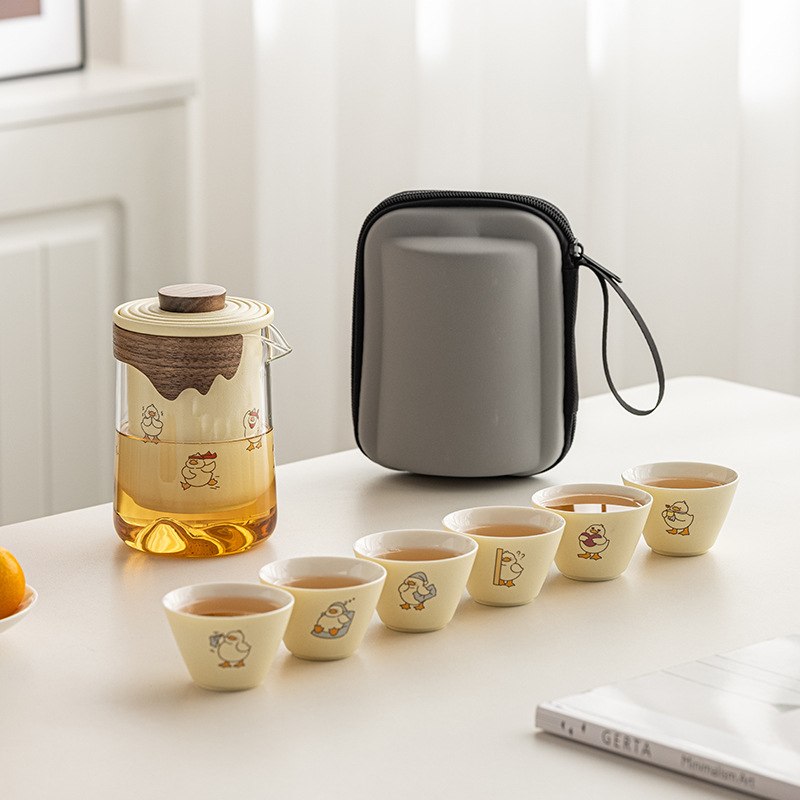 加油鸭旅行茶具家用泡茶杯整套便携陶瓷户外露营旅行茶壶茶杯批发
