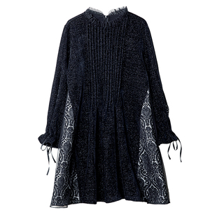 宝诗黎网纱印花拼接亮丝连衣裙2026新款遮肉A字裙春季百搭中长裙