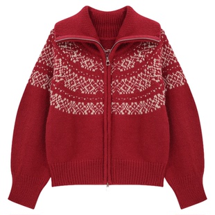 Basic House/百家好费尔岛红色毛衣女款冬季新款复古毛衫开衫外套