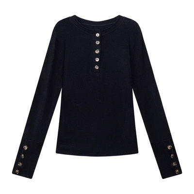 3MER哦哦三妹 灰色仿羊绒排扣内搭打底衫女秋冬季修身长袖T恤上衣