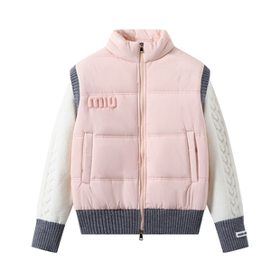 DDXZ夕子可爱甜美风保暖外套短款小个子立领针织拼接长袖棉服女