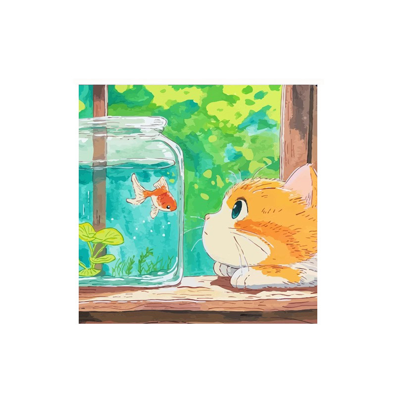宫崎骏风格装饰画治愈系金鱼猫咪