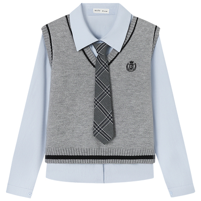 慕兔学院风针织背心衬衫套装