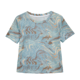 欧货圆领正肩高级感蓝色晕染短袖女2026夏季新款洋气减龄百搭上衣