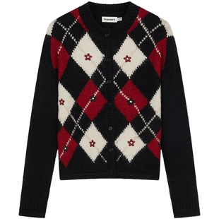 TEENIEWEENIE bearnova26春新款女装手工绣花菱形格圆领针织开衫