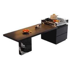 意式极简岩板岛台餐桌一体家用可伸缩中导台小户型轻奢倒台带水槽