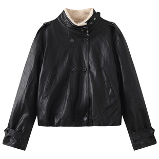 慕兔复古加绒PU皮衣外套女2025冬季新款小个子加厚机车服夹克上衣