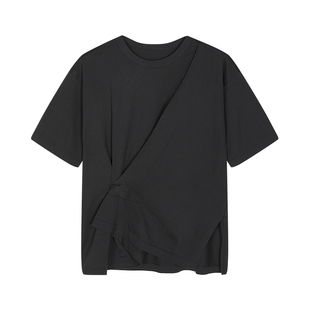 【周迅同款】LESS夏褶皱捏褶棉质圆领设计感短袖T恤女2P4111950