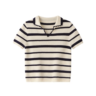 SUDU素都Miu系知识分子休闲风轻薄复古条纹V领针织Polo短袖T恤女