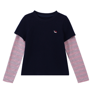 布丁哈鲁春装女童童装洋气上衣2026春季新款儿童软糯假两件T恤