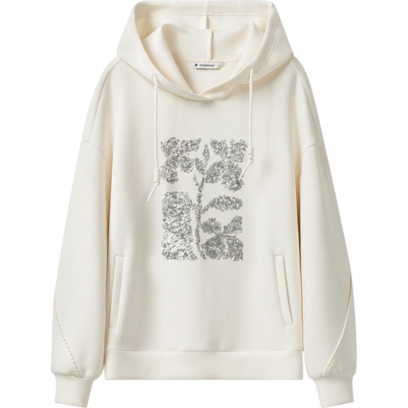 播春季亮片绣连帽领卫衣女休闲宽松上衣BDS1VD1564