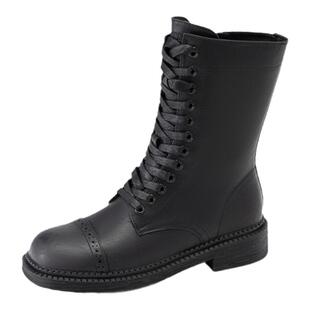 奥康女鞋秋冬季新款复古英伦风女士通勤时装靴系带方头骑士靴