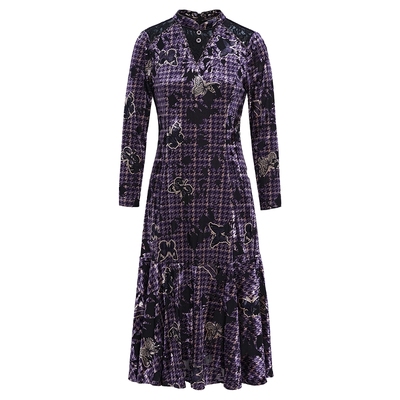 马天奴紫色丝绒印花钉珠连衣裙