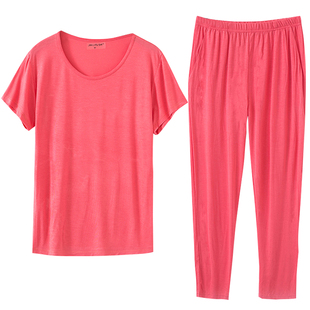 夏季莫代尔薄款短袖长裤女士宽松休闲超大码半袖居家套装加肥凉快