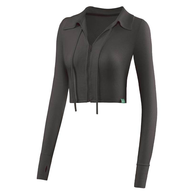 SKYHAND瑜伽服女短款上衣运动长袖跑步罩衫透气健身服V领开衫外套