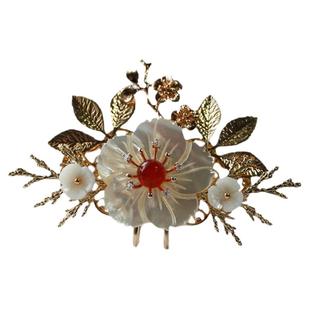 鸿音原创设计映山红发冠玛瑙贝壳花顶冠古风汉服配饰复古头饰百搭