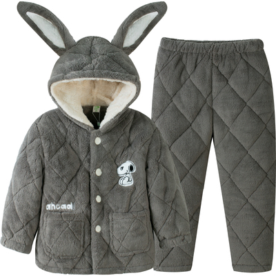 儿童睡衣冬季男童法兰绒三层夹棉