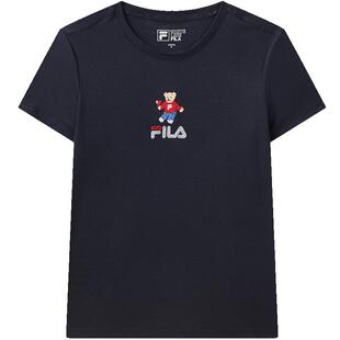 FILA斐乐官方女针织短袖衫夏季新款小熊刺绣休闲纯棉T恤运动上衣
