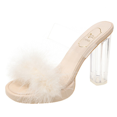 仙女风高跟毛毛拖鞋女透明水晶鞋