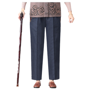 老年人弹力牛仔裤女春季宽松老太太裤子春秋松紧腰女款老年女裤薄