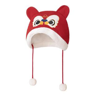 婴儿虎头帽过年新年喜庆红色拜年冬季夹棉保暖护耳帽宝宝可爱帽子
