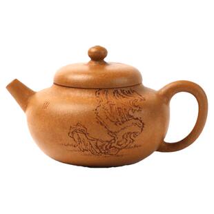 昊陶 柿圆 中小品 黄金段泥 手工刻绘太湖石 宜兴原矿紫砂文人壶