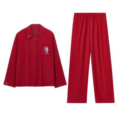 红豆情侣红色睡衣女结婚A类纯棉春秋家居服套装新婚本命年礼盒装