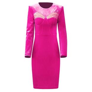 创意狐秋冬日常可穿长袖高端丝绒玫红色回门服小众聚会宴会晚礼服