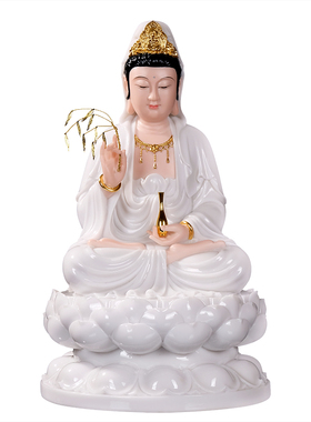 观音菩萨神像描金汉白玉招财摆件
