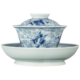 圣山仿古青花六鹤祥云盖碗手绘青花斗彩陶瓷茶具景德镇盖碗泡茶碗