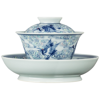 仿古青花斗彩瑞鹤祥云盖碗套组