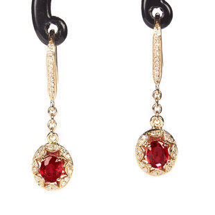 18K玫瑰金天然鸽血红宝石耳坠耳环耳勾 黄金伴钻石复古女耳链定制