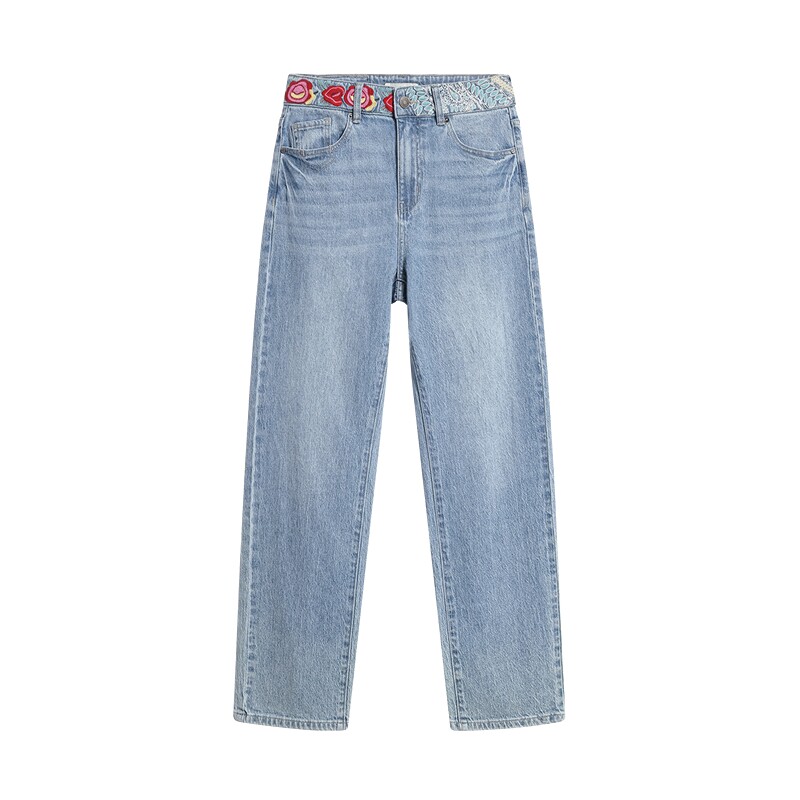 Desigual26秋冬新品玫瑰刺绣水洗高腰九分直筒女式牛仔裤
