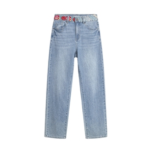 Desigual26秋冬新品玫瑰刺绣水洗高腰九分直筒女式牛仔裤