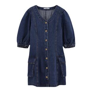 SLY 夏季怀旧复古风泡泡袖牛仔裙连衣裙女030HSA33-3940