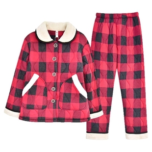 芬腾新款睡衣冬天纯棉夹棉三层加厚加绒格子英伦风女人全棉家居服