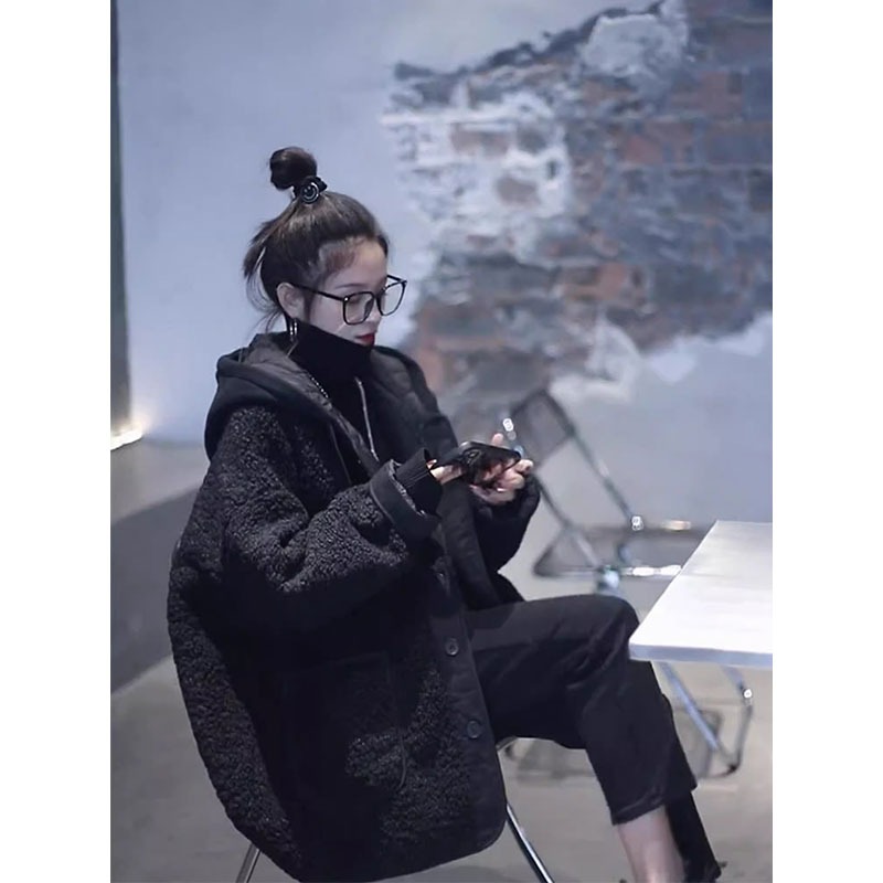 胖mm大码女装黑色羊羔毛棉衣女冬季高级感韩版黑色保暖棉服外套潮