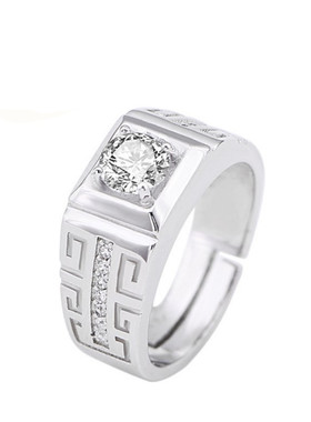 轻奢高级感活口可调节925纯银白金色仿真钻戒男款结婚戒指环时尚