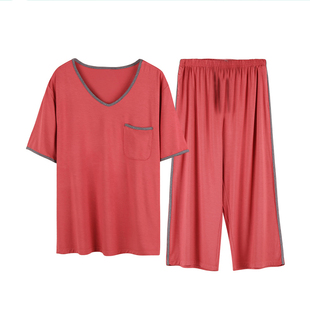 睡衣女莫代尔春秋季长袖长裤带胸垫月子服宽松夏天短袖套装家居服