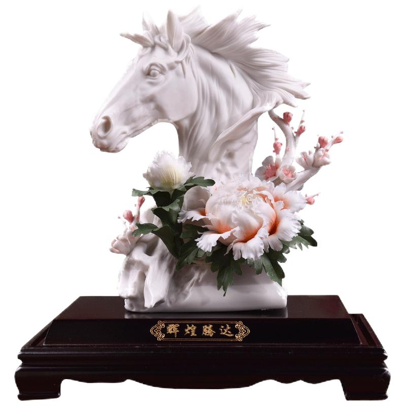 东方泥土陶瓷花艺术马摆件雕塑品