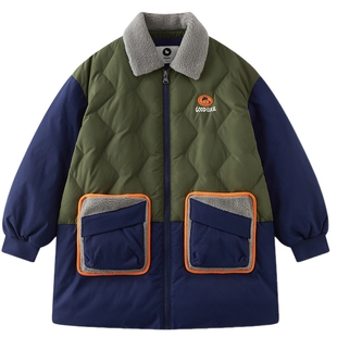 MQD男童羽绒服2025冬季新款儿童翻领拼接仿羊羔绒中长款羽绒外套