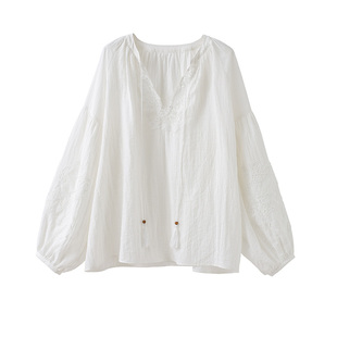 popchrio◆v领蕾丝拼接泡泡长袖衬衫白色衬衣a字蛋糕蓬蓬裙裤套装