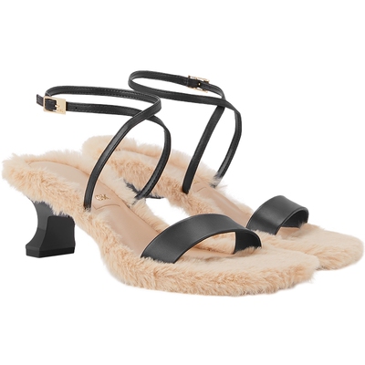 CHARLES&KEITH春季女鞋SL1-61900028毛绒一字带羊皮高跟凉鞋女