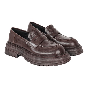 fed英伦风羊皮厚底乐福鞋女复古棕色小皮鞋一脚蹬圆头深口单鞋