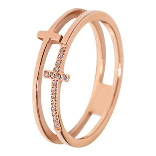 双层十字架钛钢戒指微镶镀18K玫瑰金尾戒女时尚气质食指指环戒子