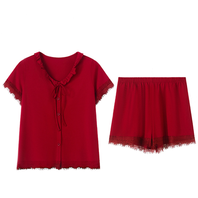 红豆红色情侣短袖睡衣女莫代尔本命年新婚蕾丝家居服套装男新款夏